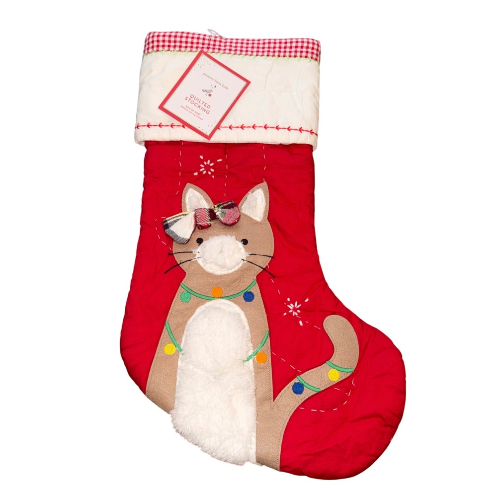 NWT Pottery Barn Kids Quilted Christmas Stocking Cat Wrapped in Lights Red Plaid